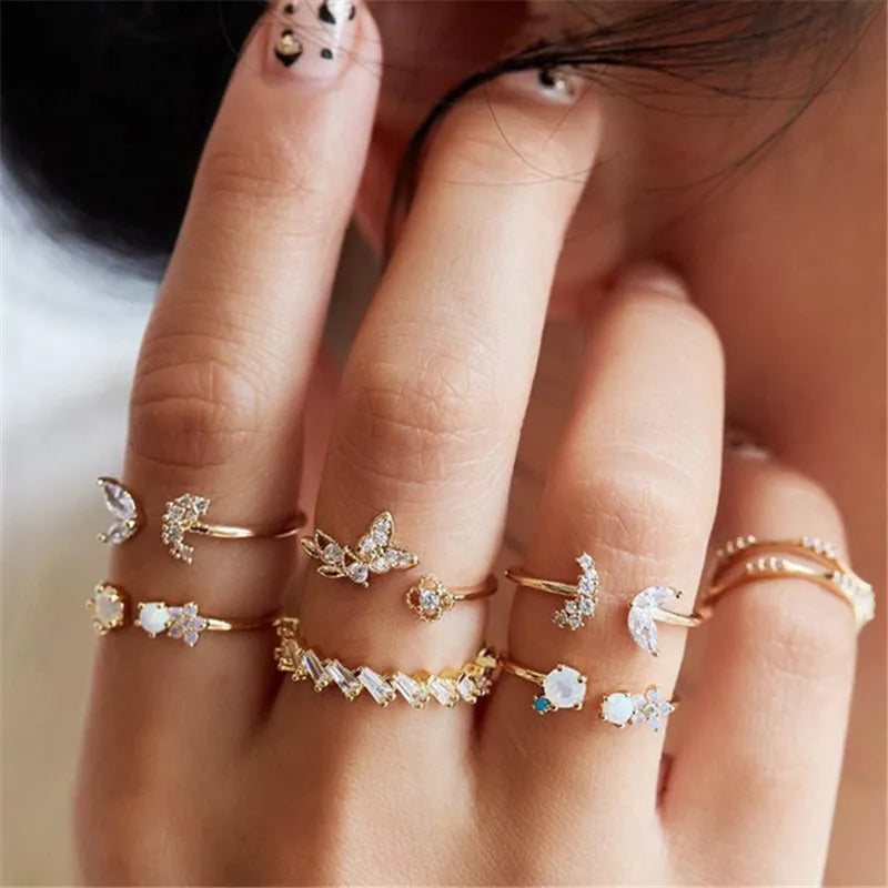 Silver Color Crystal Rings Set Women,