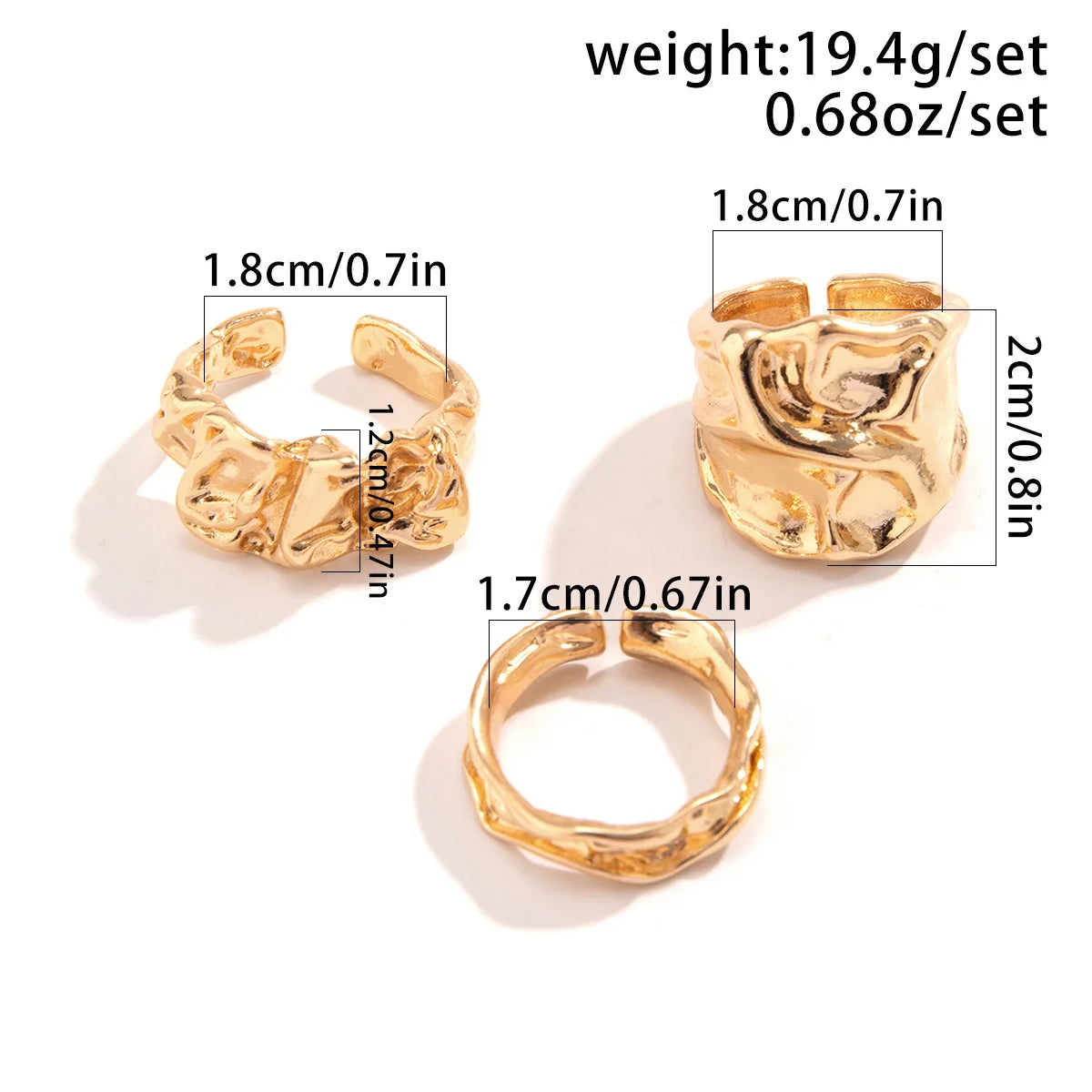 3Pcs Vintage Irregular Pleated Open Ring