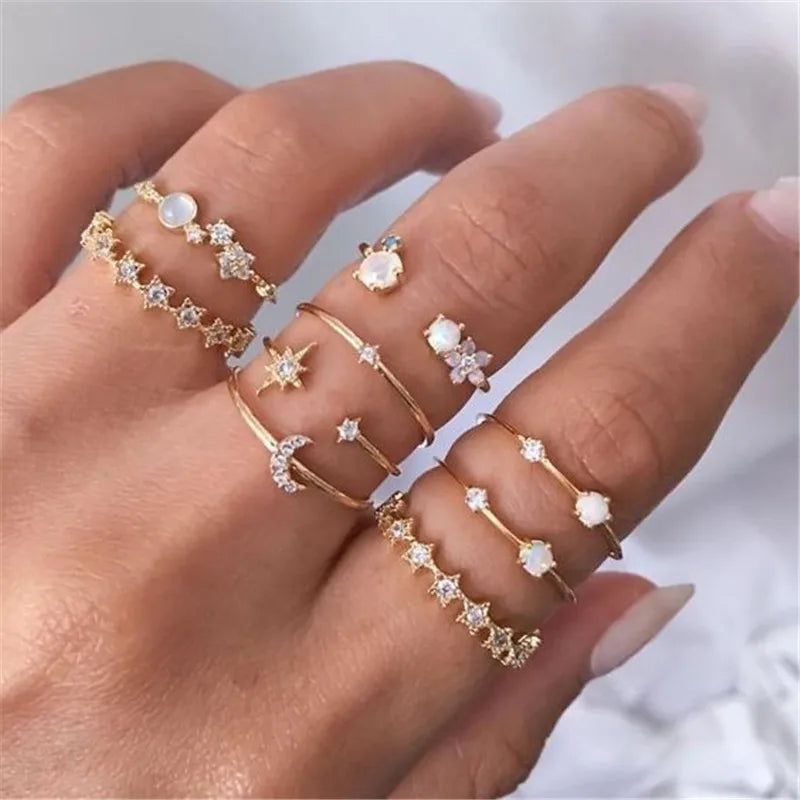 Silver Color Crystal Rings Set Women,