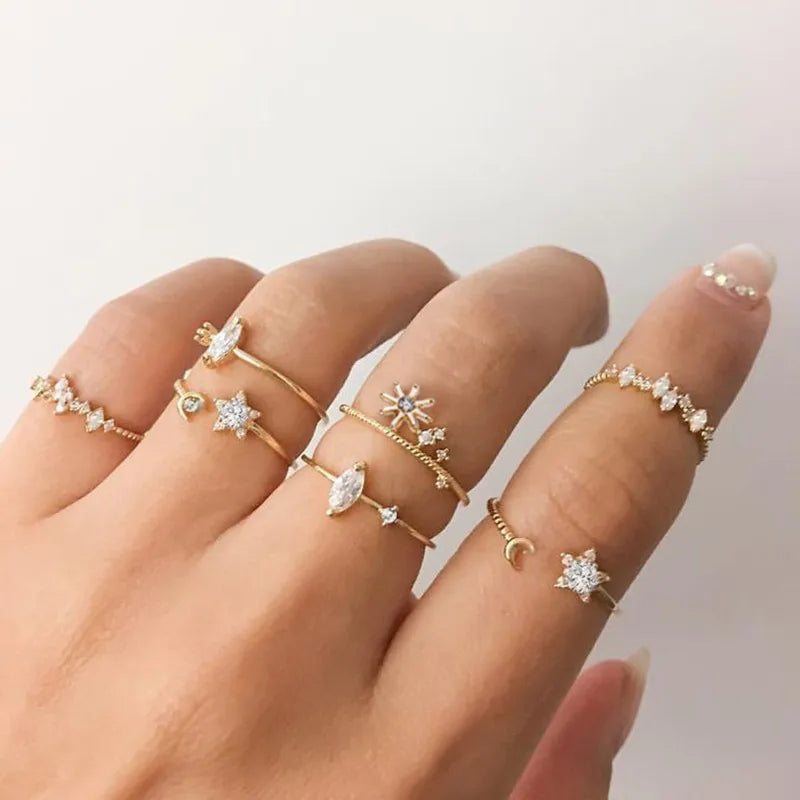 Silver Color Crystal Rings Set Women,