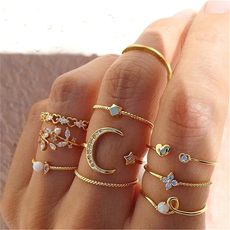 Silver Color Crystal Rings Set Women,