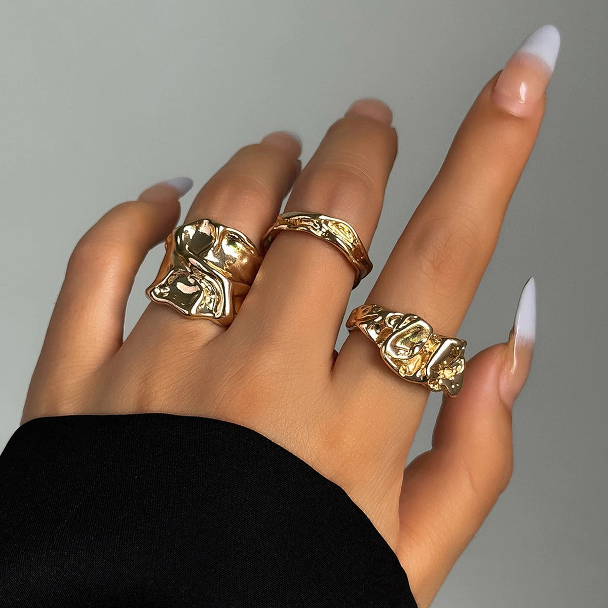 3Pcs Vintage Irregular Pleated Open Ring