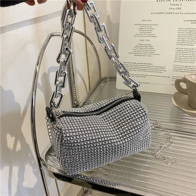 Allover Rhinestone Bucket Bag, Glitter