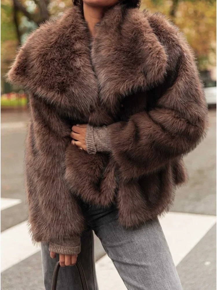 Brown Big Lapel Faux Fur