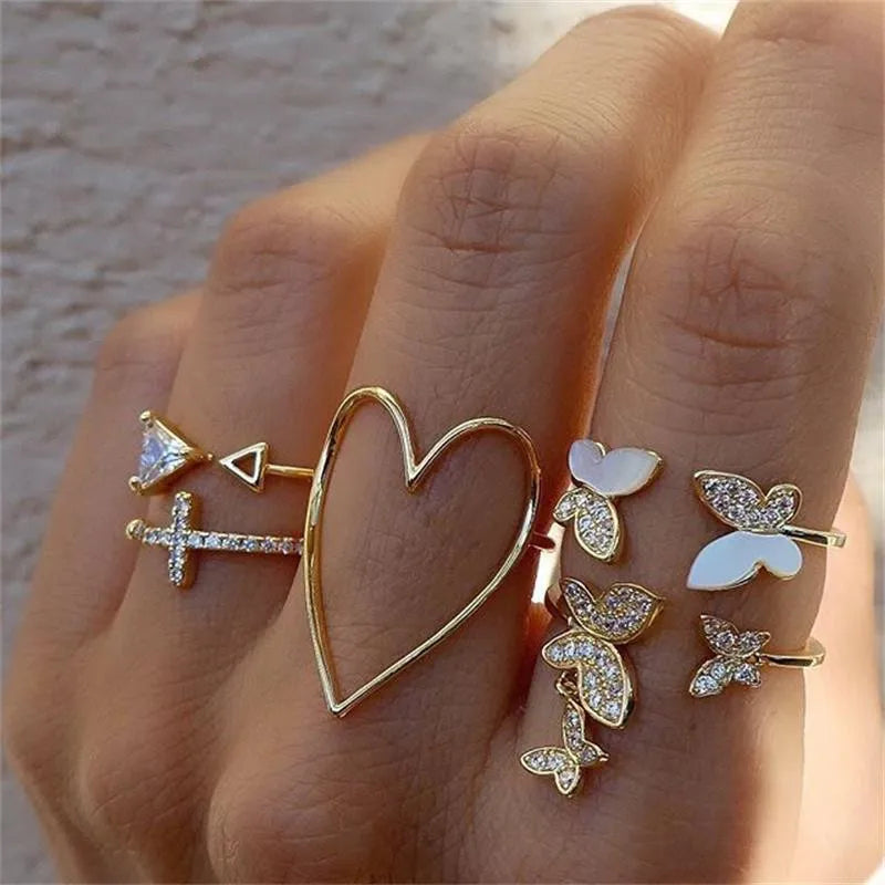 Silver Color Crystal Rings Set Women,