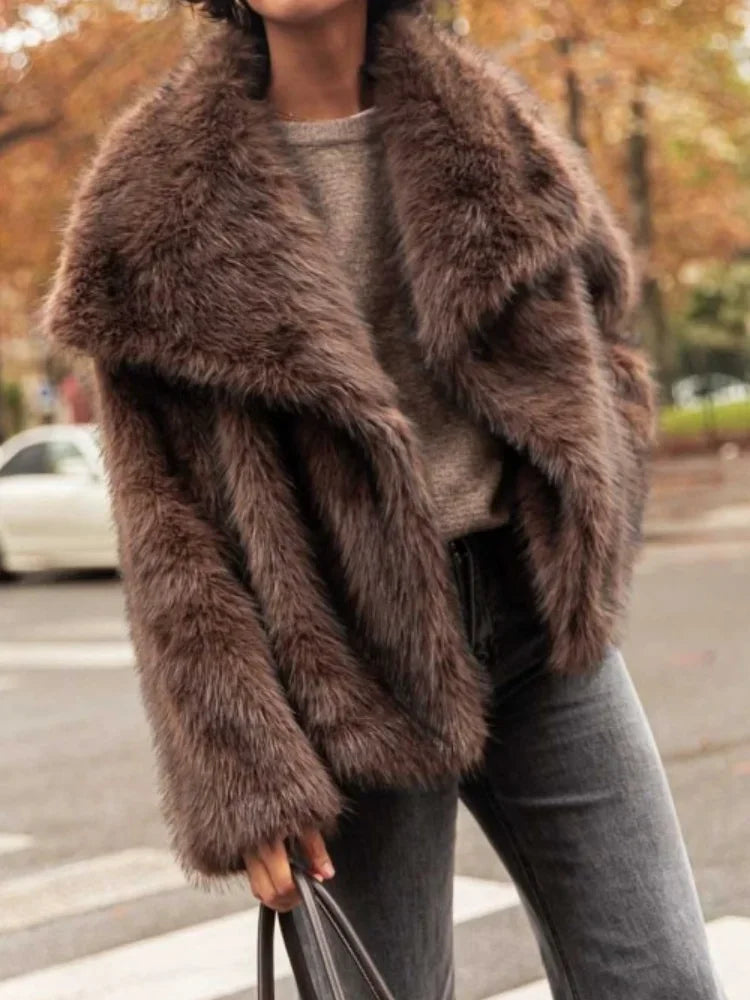 Brown Big Lapel Faux Fur