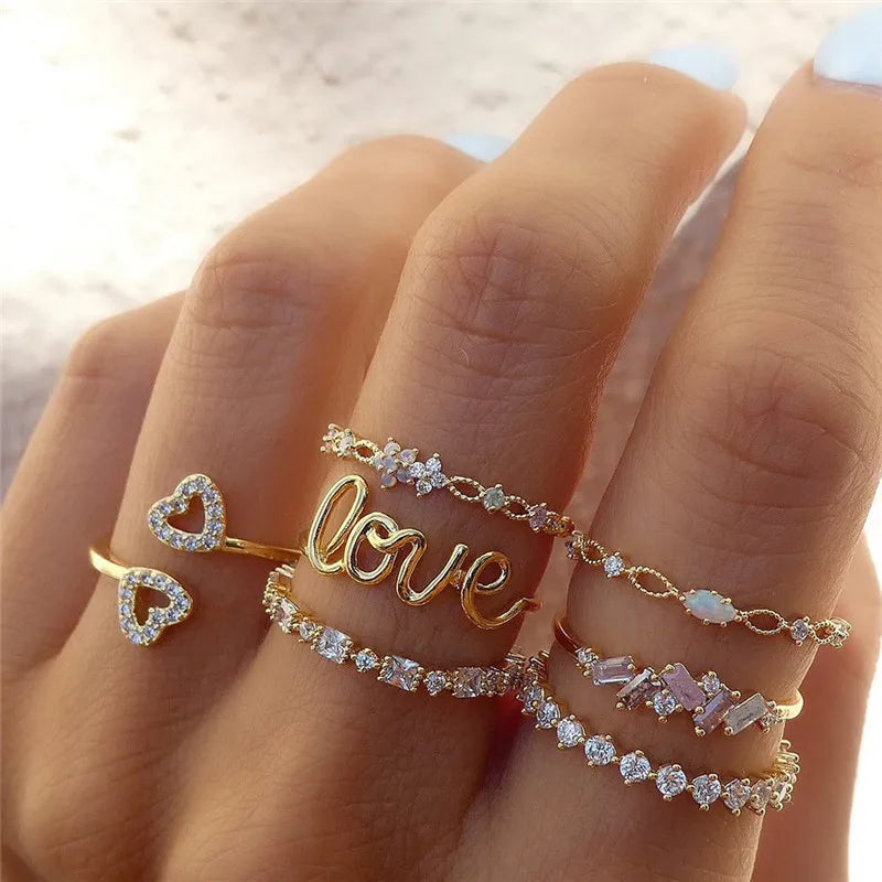 Silver Color Crystal Rings Set Women,