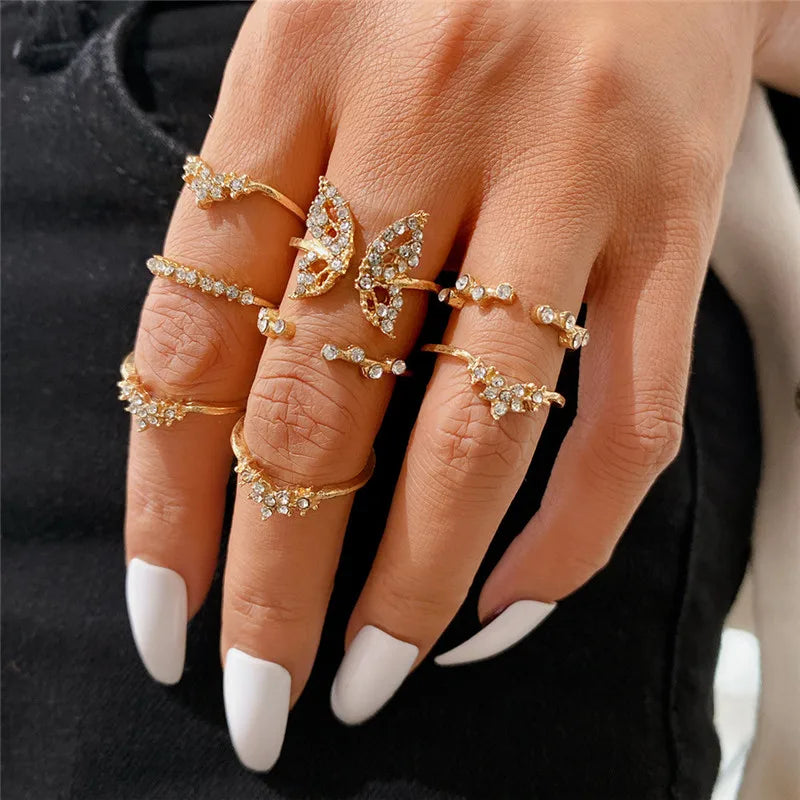 Silver Color Crystal Rings Set Women,