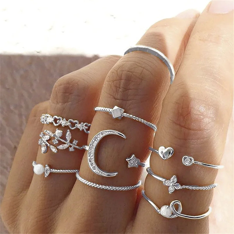 Silver Color Crystal Rings Set Women,