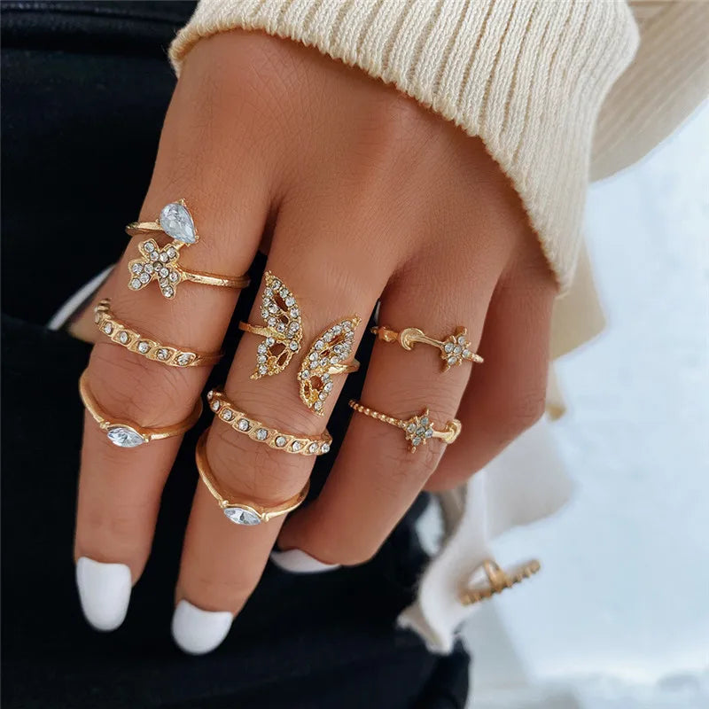 Silver Color Crystal Rings Set Women,