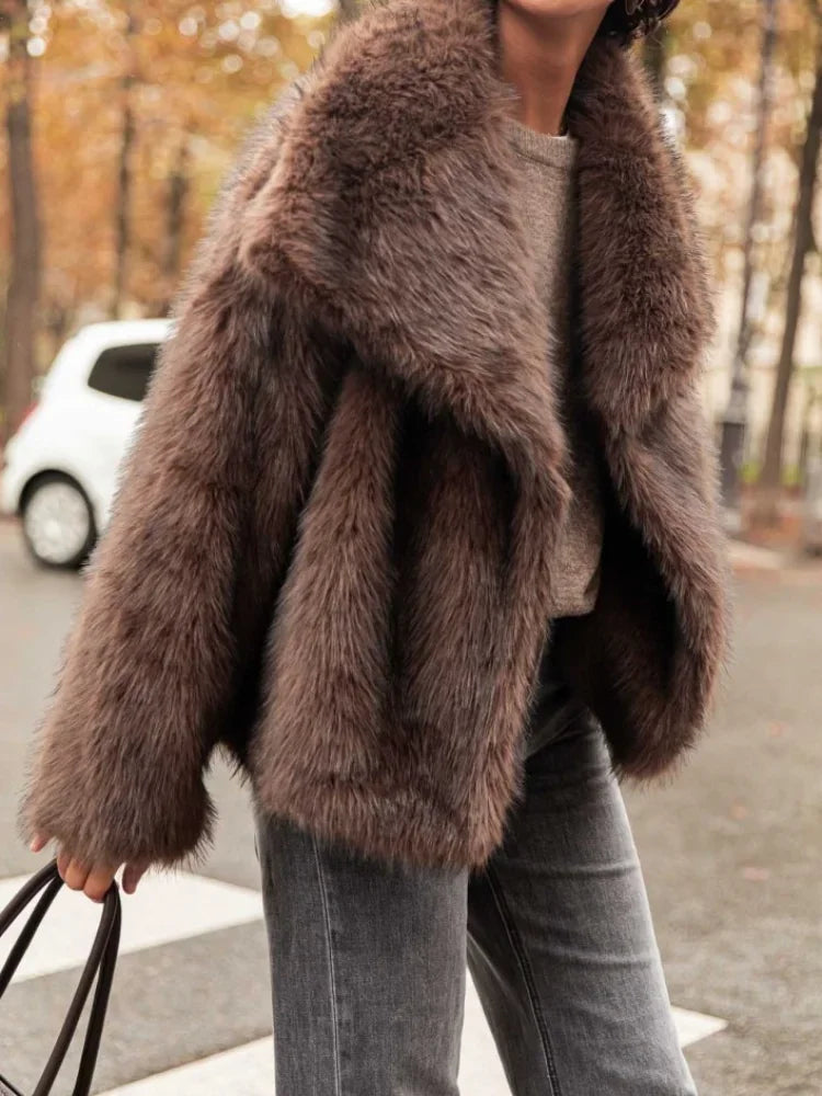 Brown Big Lapel Faux Fur