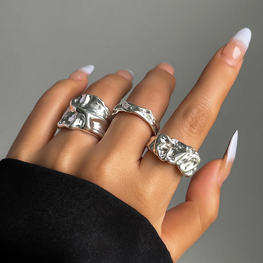 3Pcs Vintage Irregular Pleated Open Ring